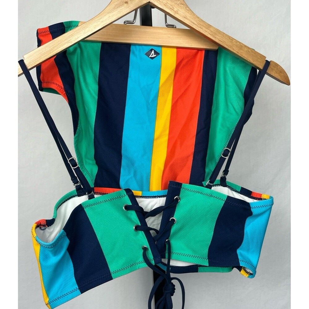 Sperry High Waist Bandeau Bikini 2 Piece XL Coastal Preppy Striped Lace Up Back - Picture 13 of 14